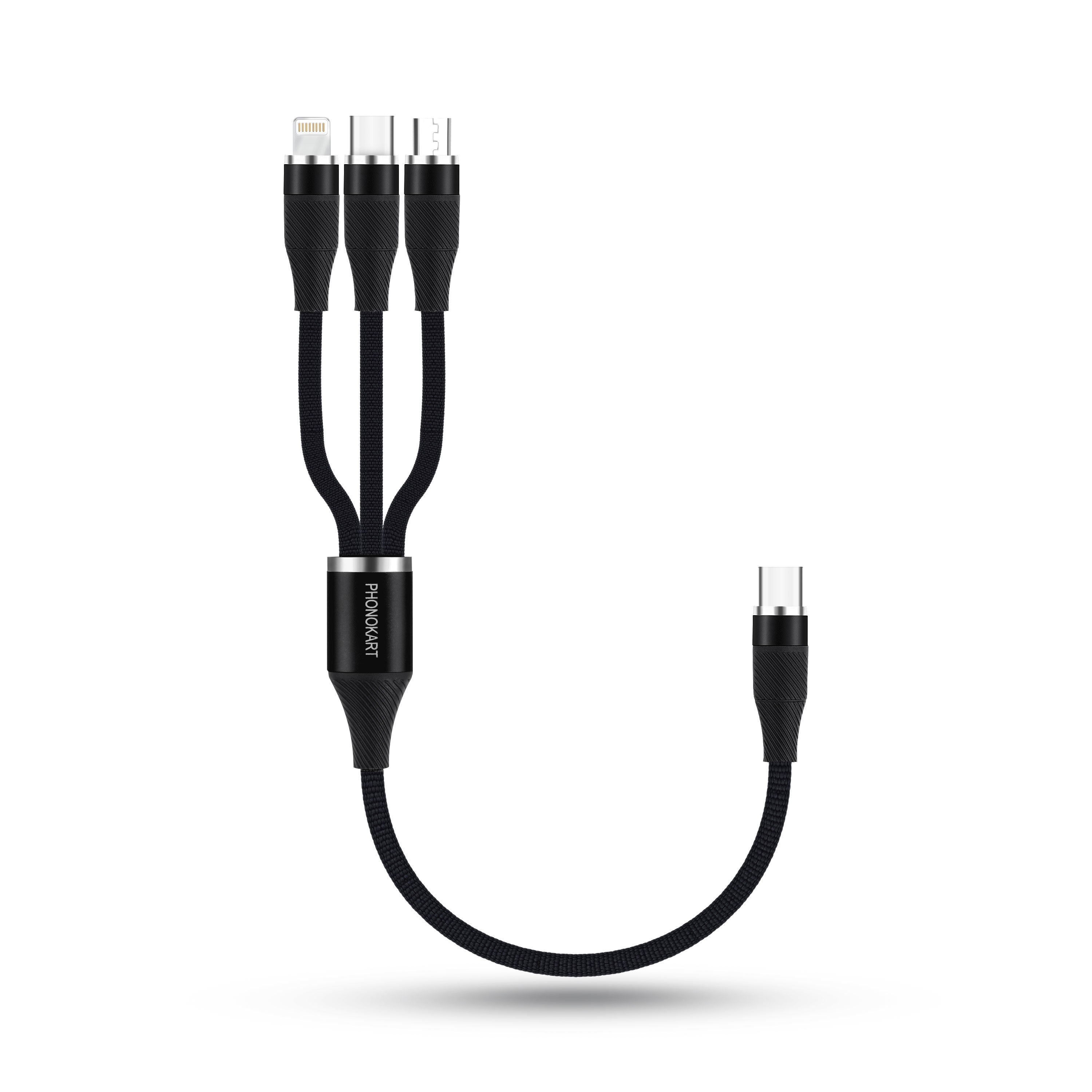 Phonokart Trix 3 In 1 100W Compact multi charging Cable Type-C TO Type C, Lightning and Micro Cable (30cm length cable)