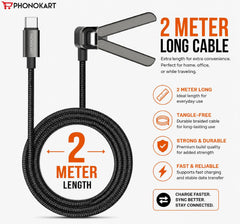 PHONOKART IGNIS 2.0 USB Type-C to Type-C Fast Charging Cable with Foldable Multi-Angle Adjustable Stand, 240W PD Fast Charge, 2M Braided Nylon Cable, Data Sync Compatible with Laptops, Tablets & USB-C Devices (Black)