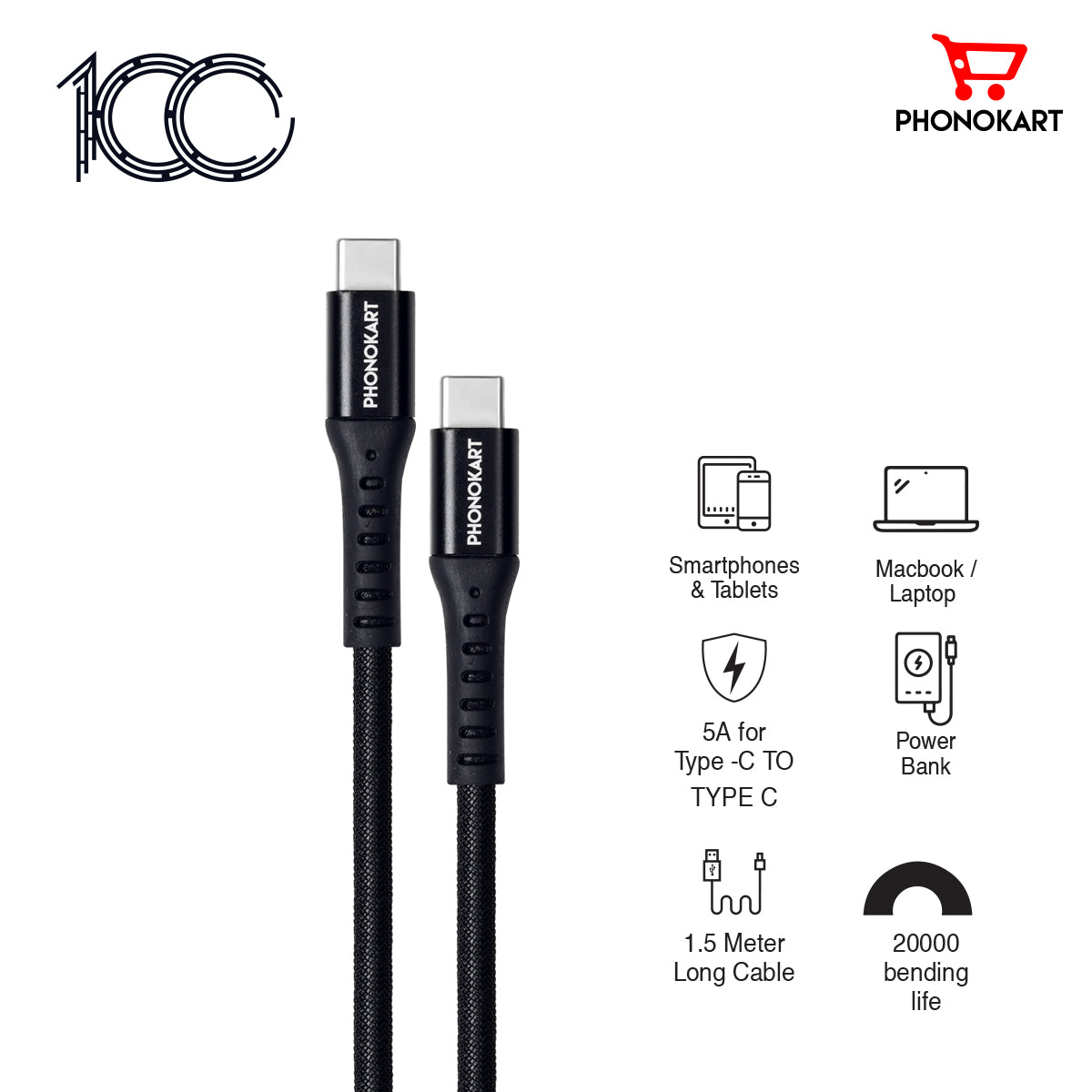 Type C to Type C Cable 1.5 M PKCPD100-BLK (Compatible with Mobile)(Black)