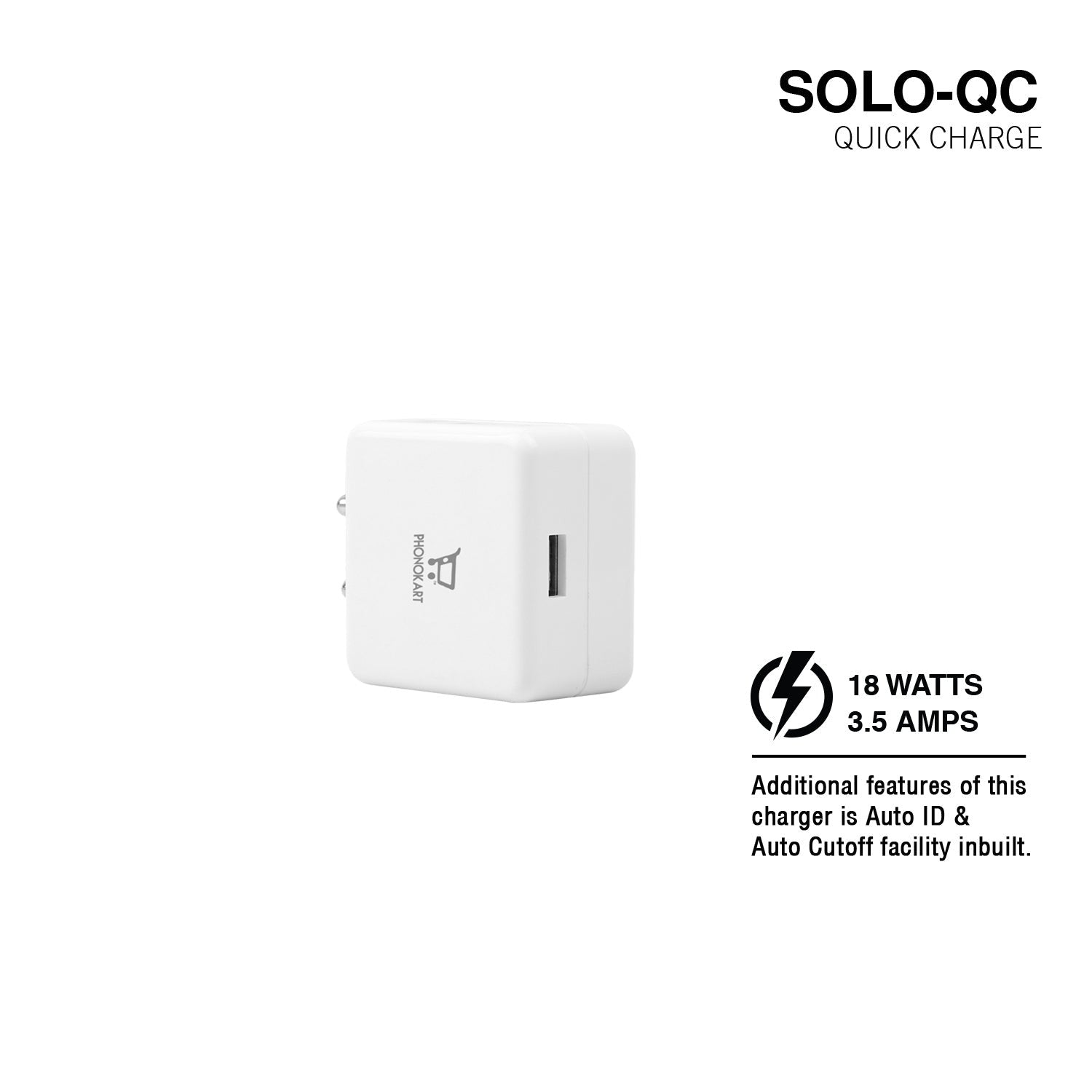 SOLO QC MOBILE CHARGER (QC 3.0)(18W/3.6AMPS) WITH TYPE C CABLE 18W (WHITE)