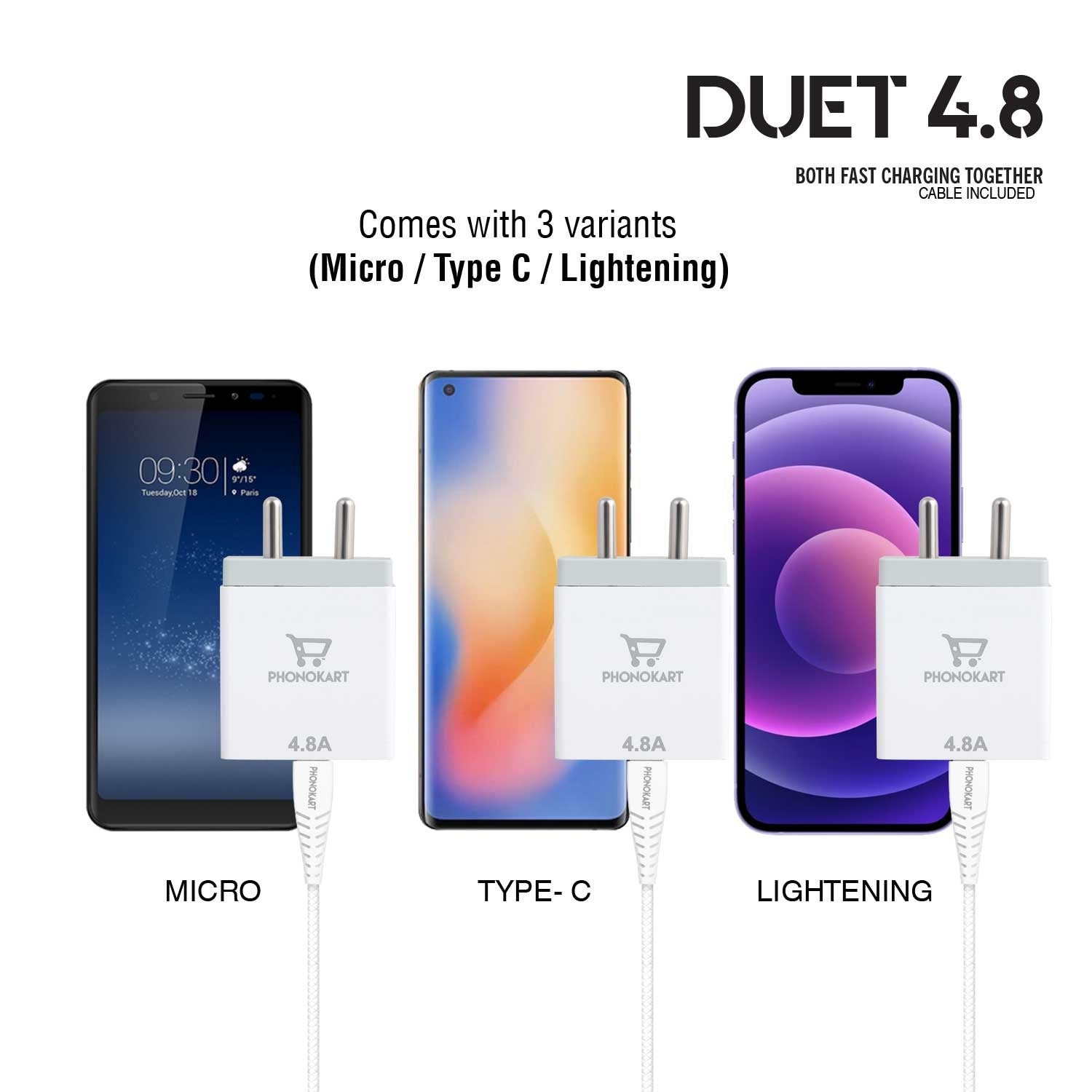 MOBILE CHARGER DUET  (4.8 AMP)WITH LIGHTNING CABLE (WHITE)( LIGHTNING CABLE INCLUDED)