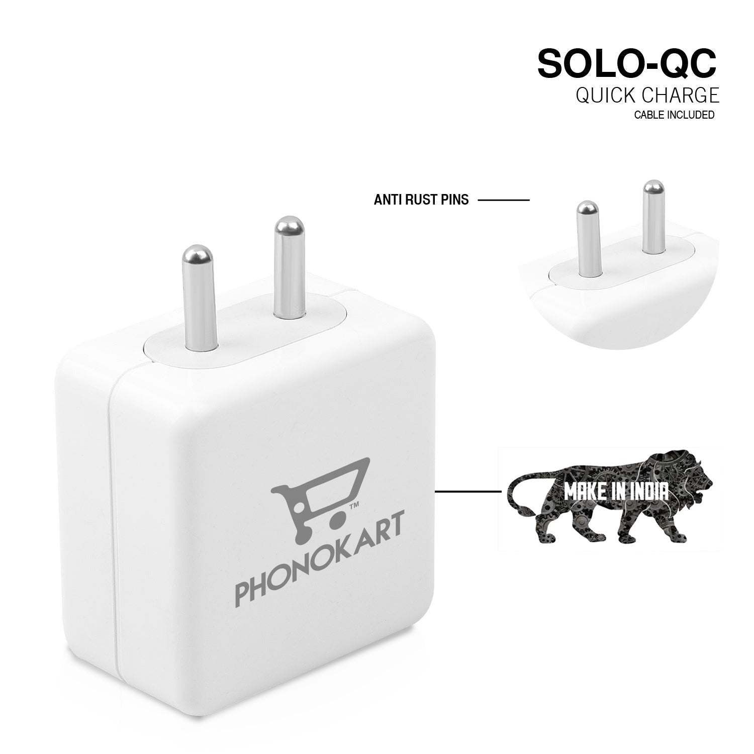 SOLO QC MOBILE CHARGER (QC 3.0)(18W/3.6AMPS) WITH LIGHTNING CABLE 18W  (WHITE)