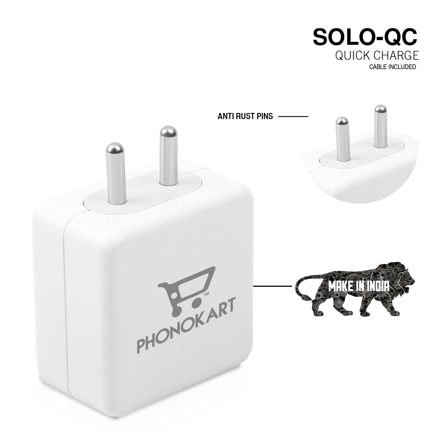 SOLO QC MOBILE CHARGER (QC 3.0)(18W/3.6AMPS) WITH TYPE C CABLE 18W (WHITE)