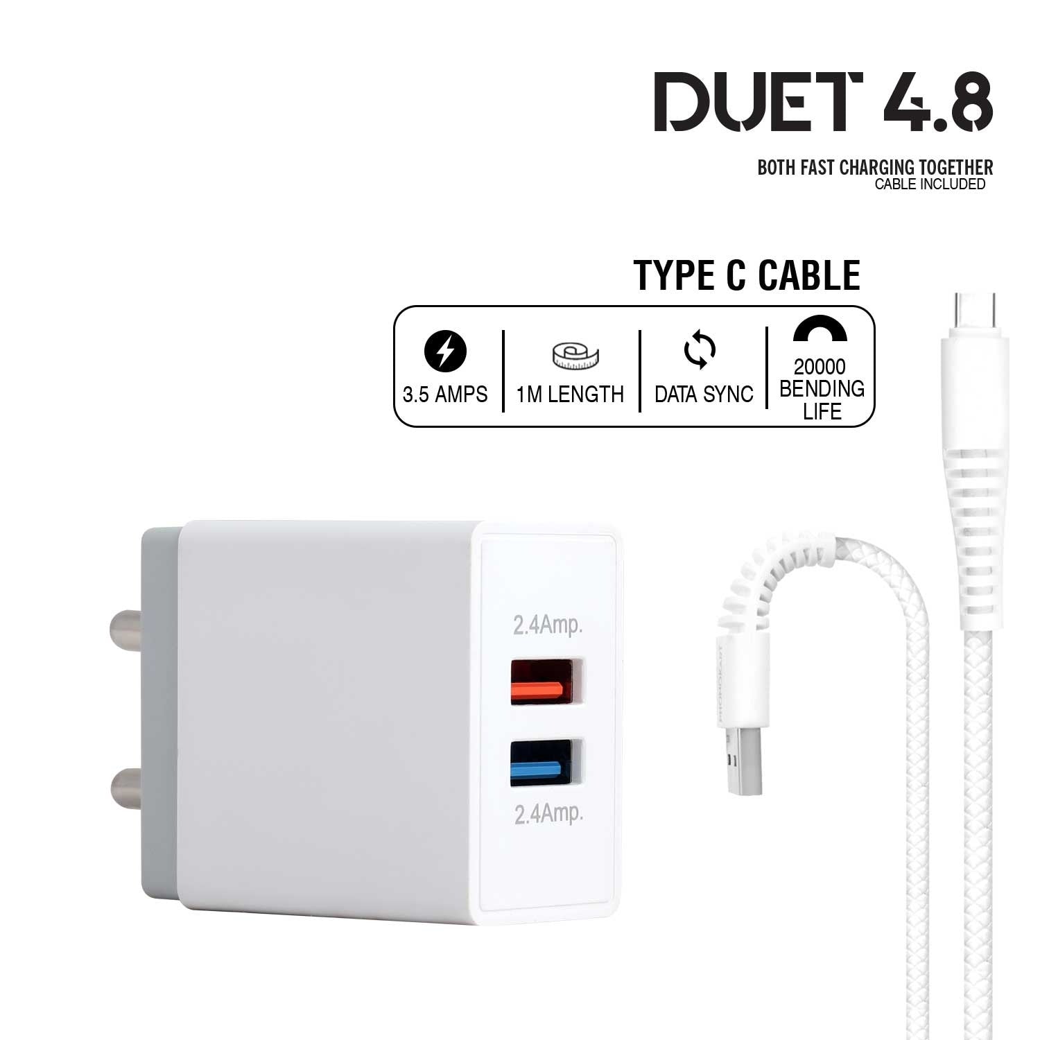 MOBILE CHARGER DUET  (4.8 AMP) WITH TYPE C CABLE ( TYPE C CABLE INCLUDED) (WHITE)