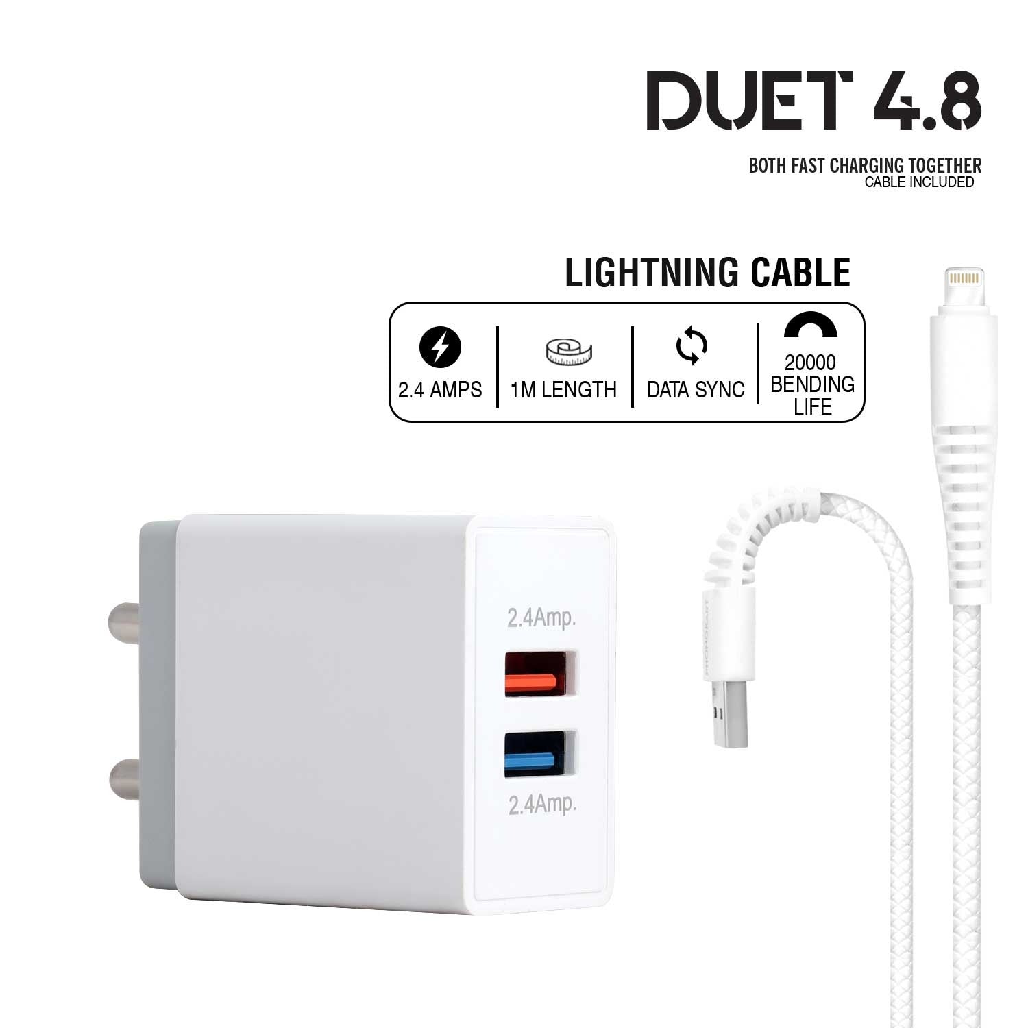 MOBILE CHARGER DUET  (4.8 AMP)WITH LIGHTNING CABLE (WHITE)( LIGHTNING CABLE INCLUDED)