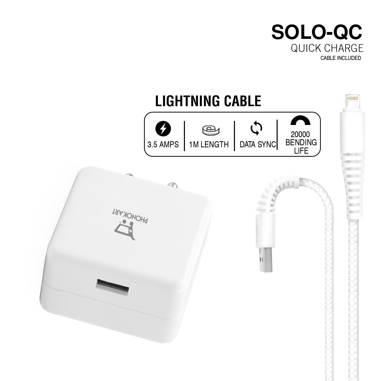 SOLO QC MOBILE CHARGER (QC 3.0)(18W/3.6AMPS) WITH LIGHTNING CABLE 18W  (WHITE)