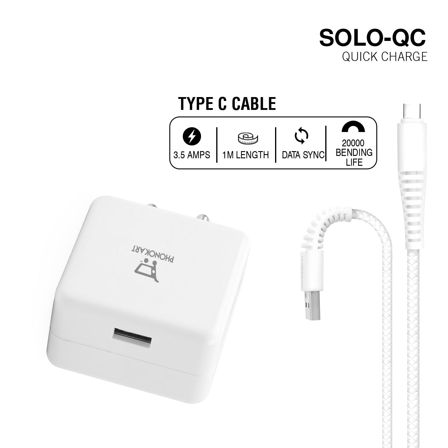 SOLO QC MOBILE CHARGER (QC 3.0)(18W/3.6AMPS) WITH TYPE C CABLE 18W (WHITE)