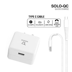 SOLO QC MOBILE CHARGER (QC 3.0)(18W/3.6AMPS) WITH TYPE C CABLE 18W (WHITE)