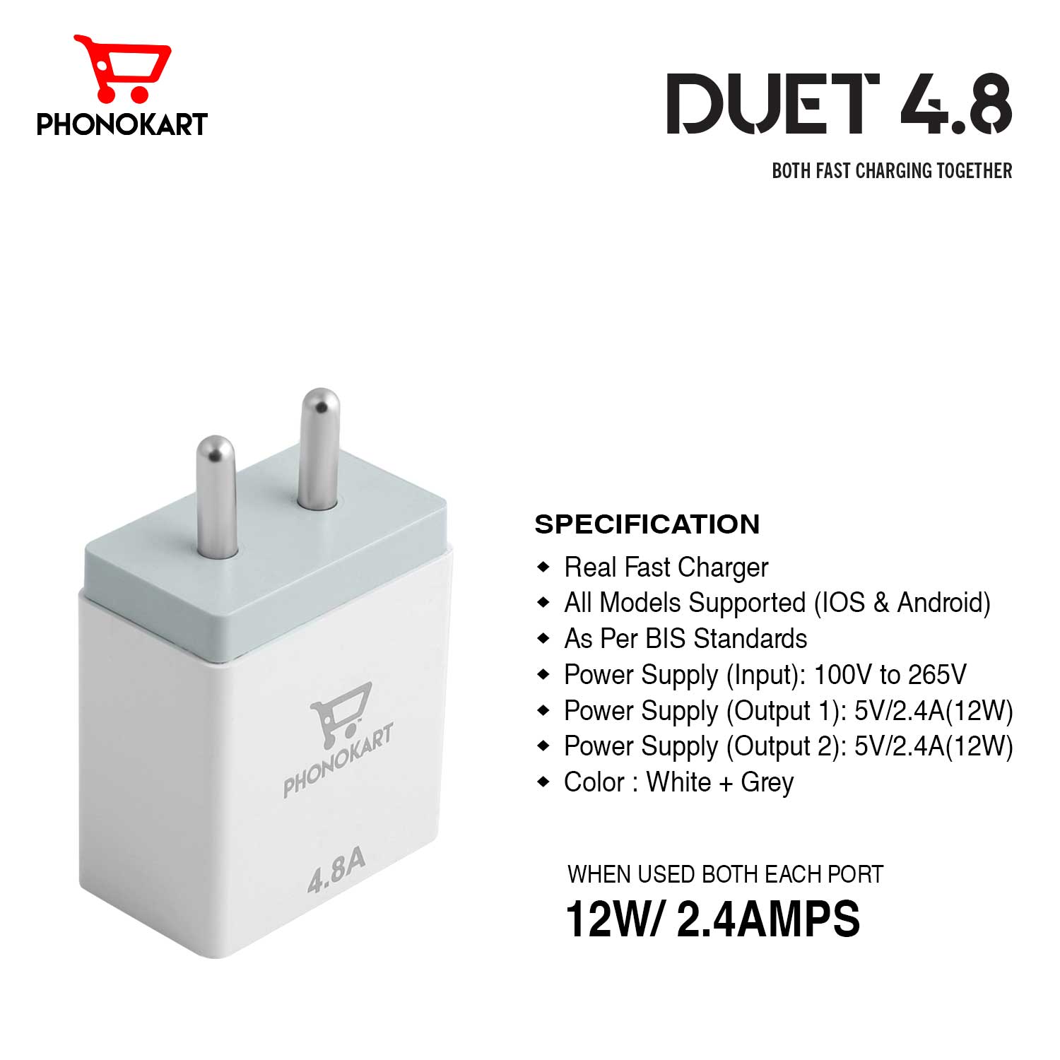 MOBILE CHARGER DUET  (4.8 AMP) WITH TYPE C CABLE ( TYPE C CABLE INCLUDED) (WHITE)