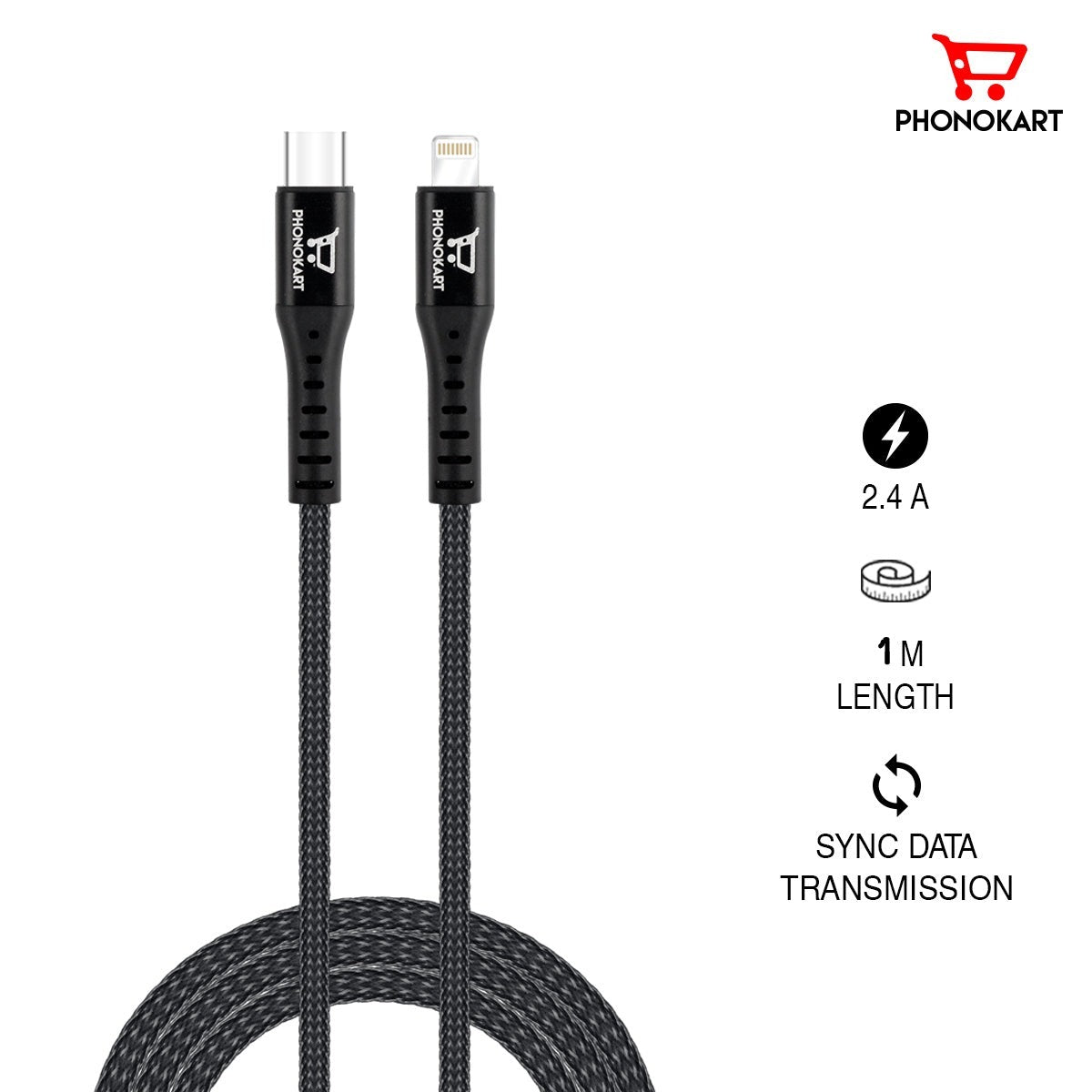 Type C To Lightning Cable (1M) Fast Sync and Charging cable (Compatible with Mobile)(BLACK)