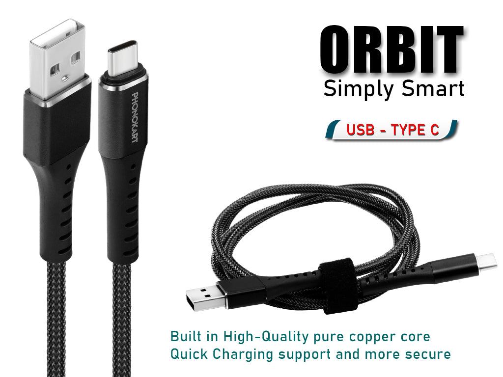 Type C Cable PKORBITC-BLK 1M Fishnet Braided USB Type C Cable  (Compatible with mobile, Black, One Cable)(BLACK)