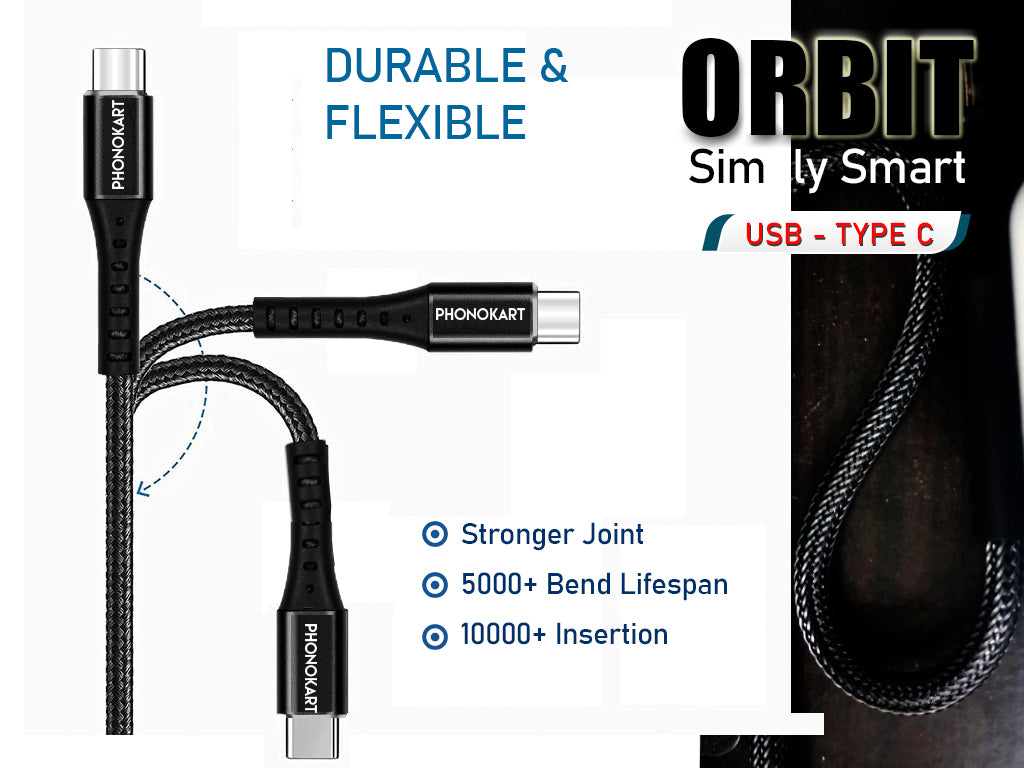 Type C Cable PKORBITC-BLK 1M Fishnet Braided USB Type C Cable  (Compatible with mobile, Black, One Cable)(BLACK)