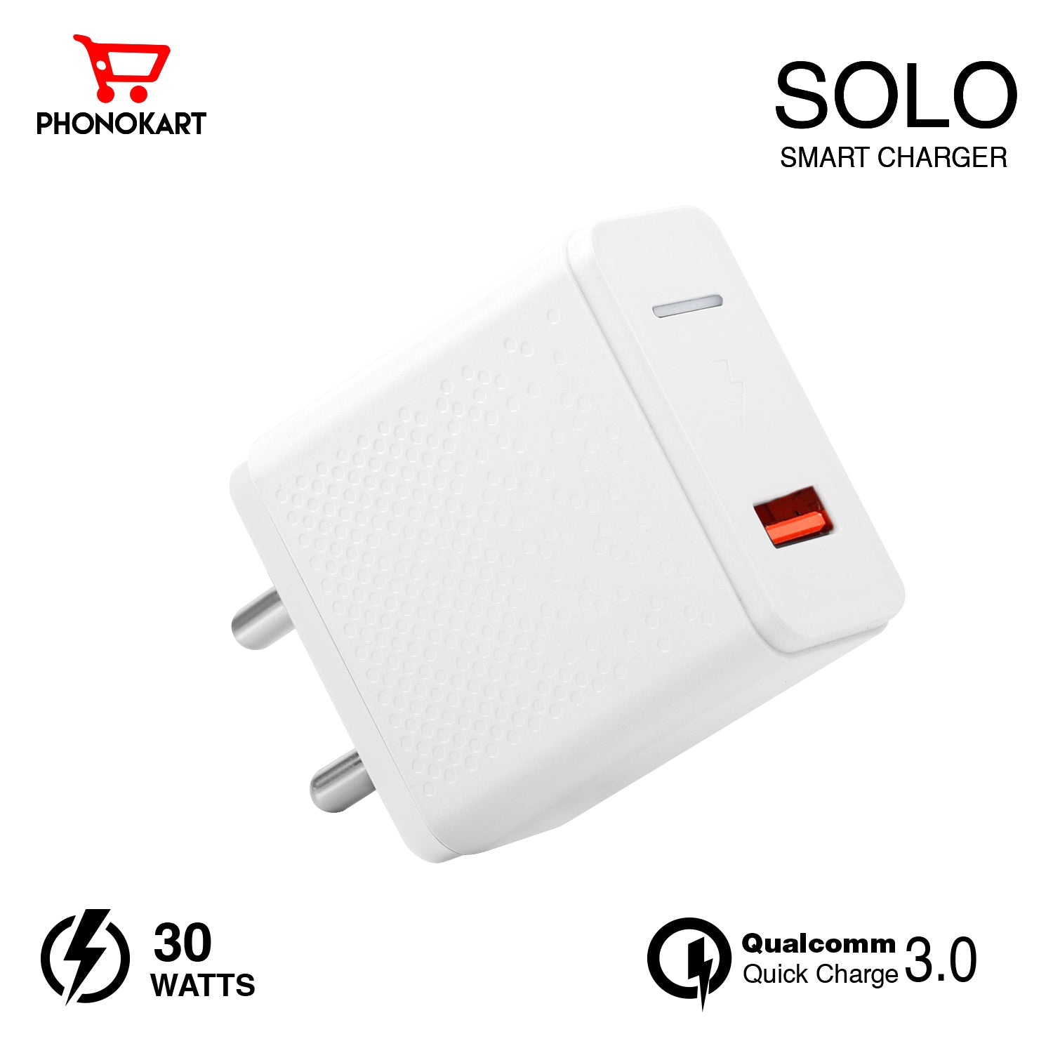 SOLO SMART MOBILE CHARGER (QC 3.0)(30W/6AMPS) WITH LIGHTNING CABLE  30W (WHITE)