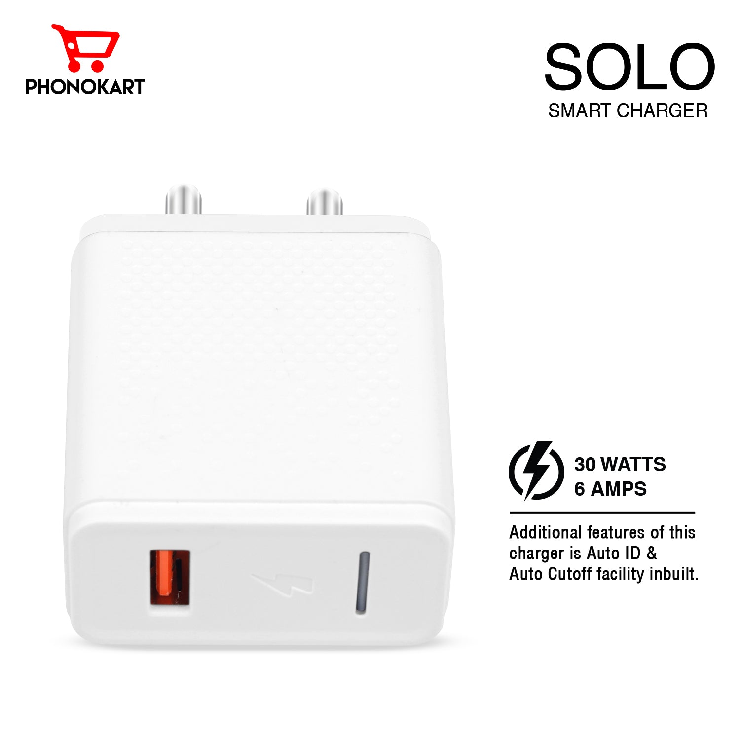 SOLO SMART MOBILE CHARGER (QC 3.0)(30W/6AMPS) WITH TYPE C CABLE  30W (WHITE)