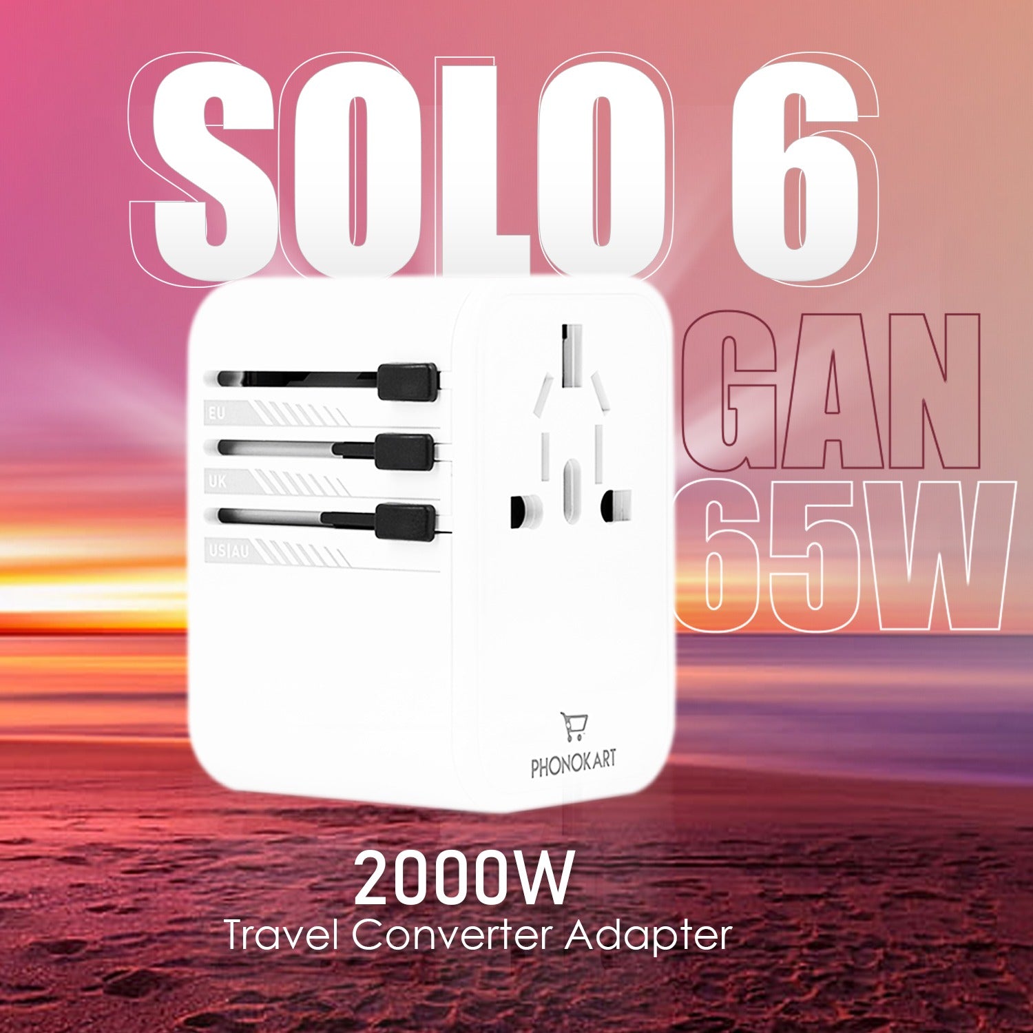 SOLO 6  Universal Travel Adapter  with Type C USB 65W Gan Charger   (WHITE)