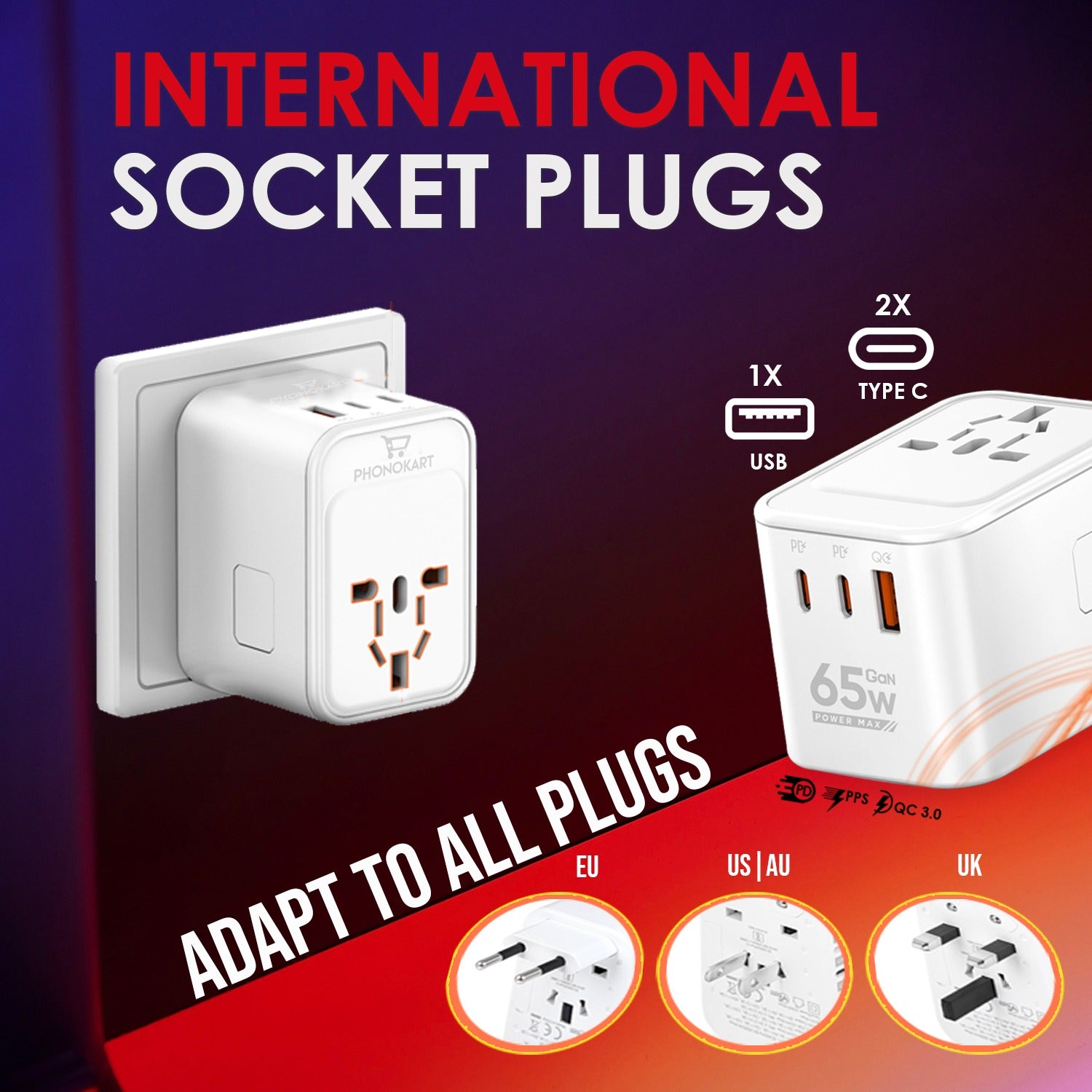 SOLO 6  Universal Travel Adapter  with Type C USB 65W Gan Charger   (WHITE)