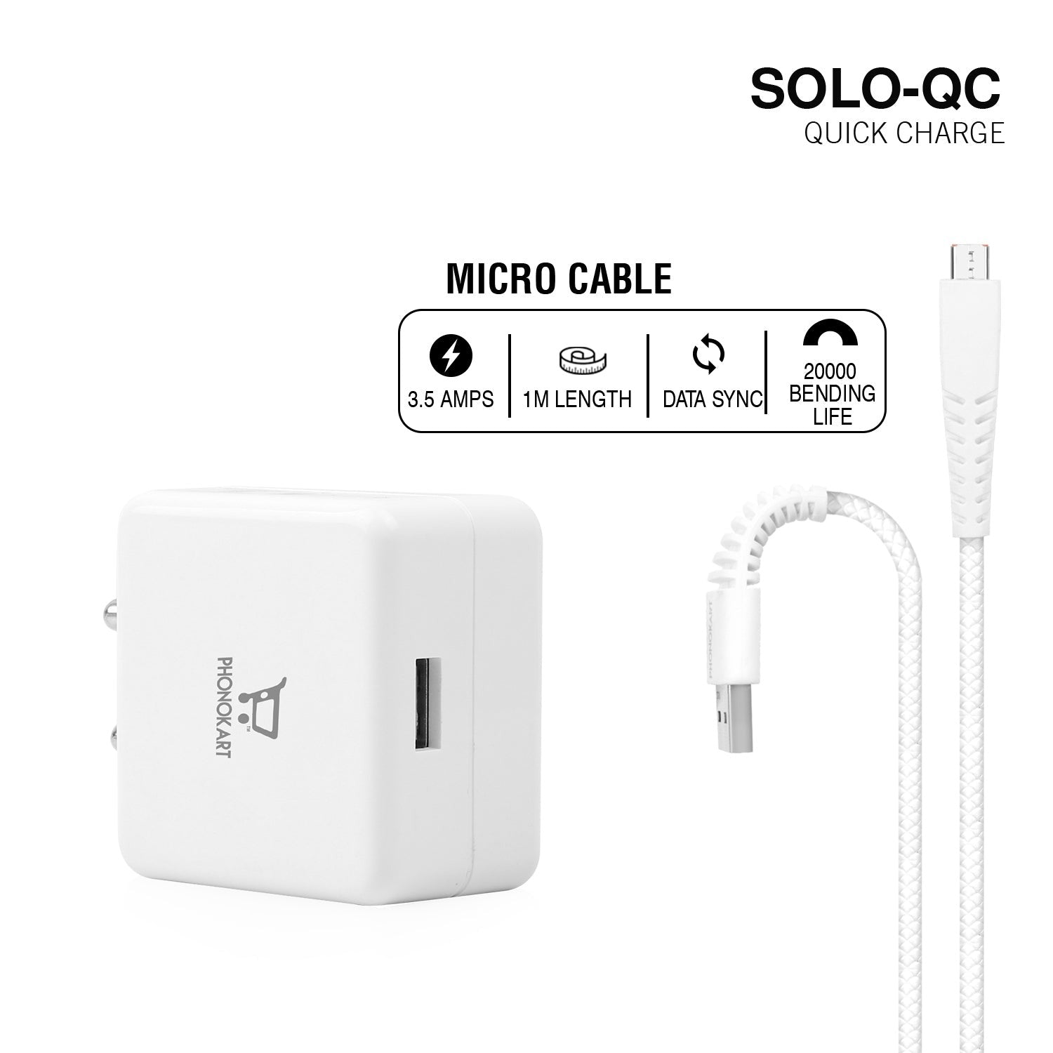 SOLO QC MOBILE CHARGER (QC 3.0)(18W/3.6AMPS) WITH MICRO USB CABLE (WHITE) 18W