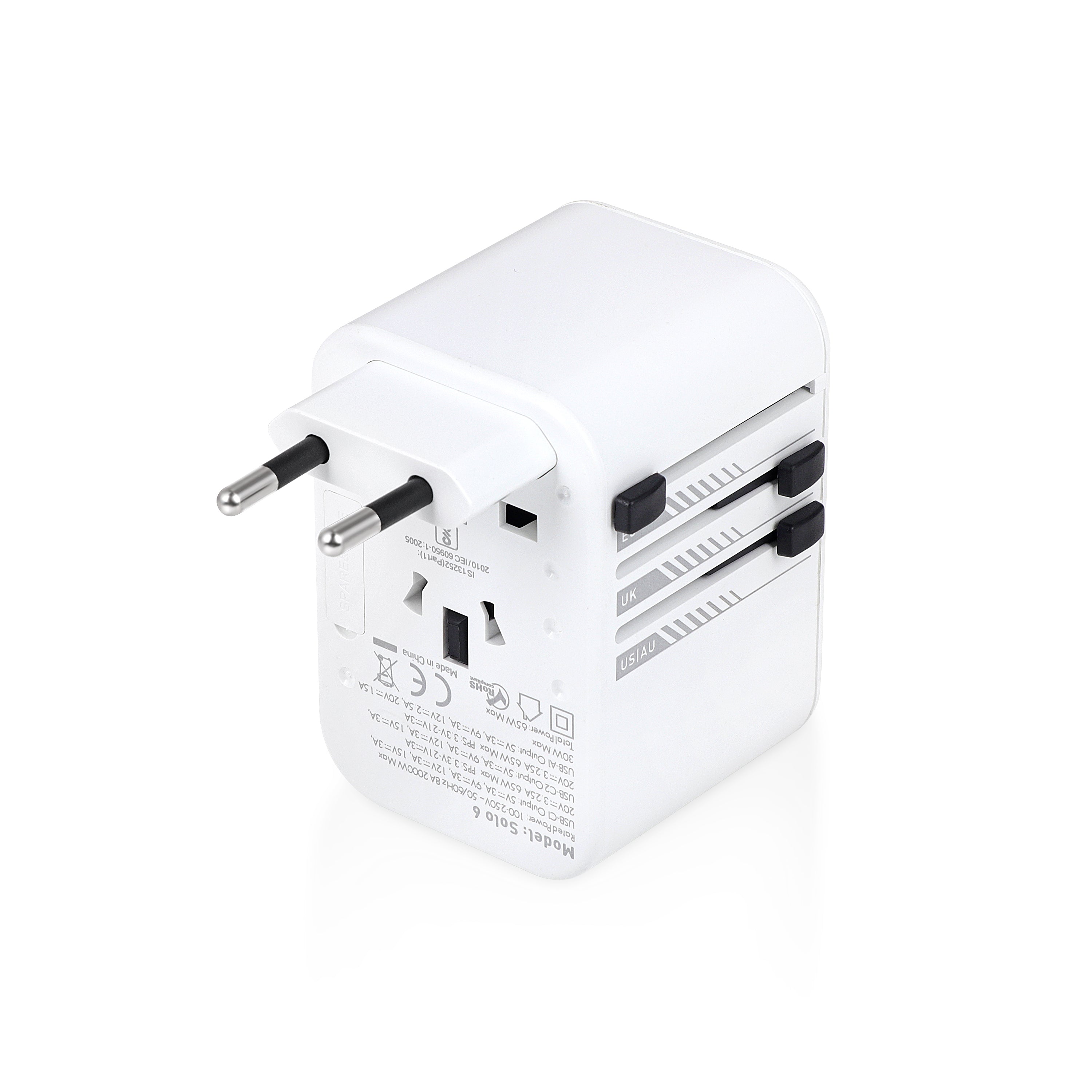 SOLO 6  Universal Travel Adapter  with Type C USB 65W Gan Charger   (WHITE)