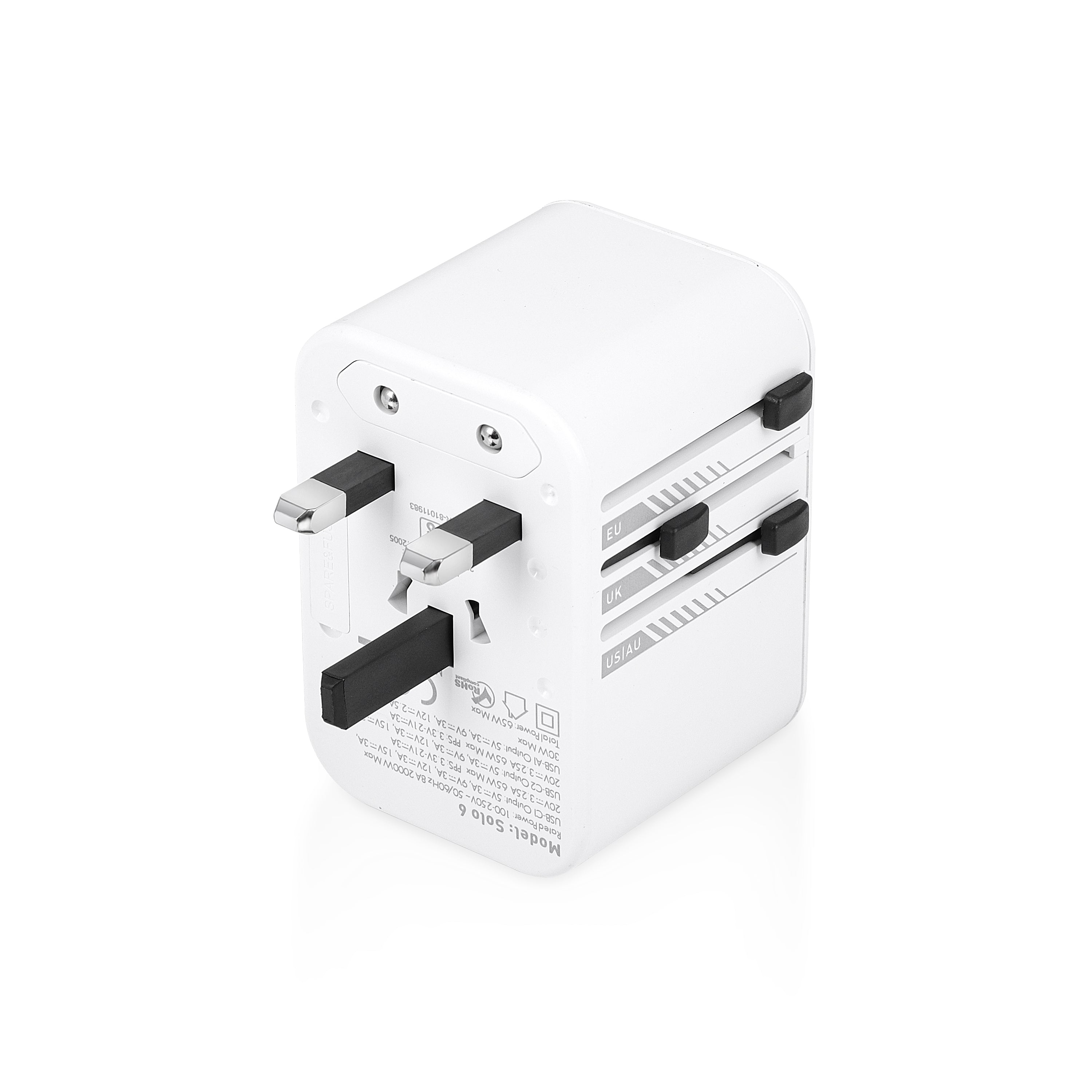 SOLO 6  Universal Travel Adapter  with Type C USB 65W Gan Charger   (WHITE)