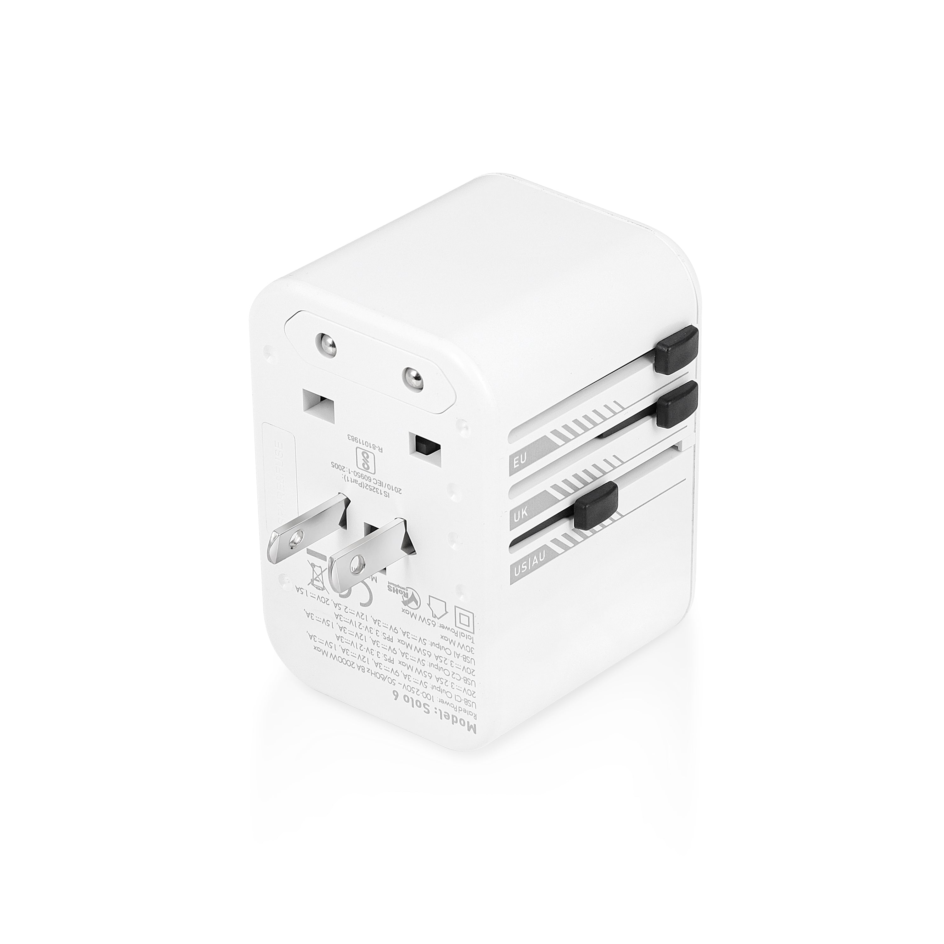 SOLO 6  Universal Travel Adapter  with Type C USB 65W Gan Charger   (WHITE)