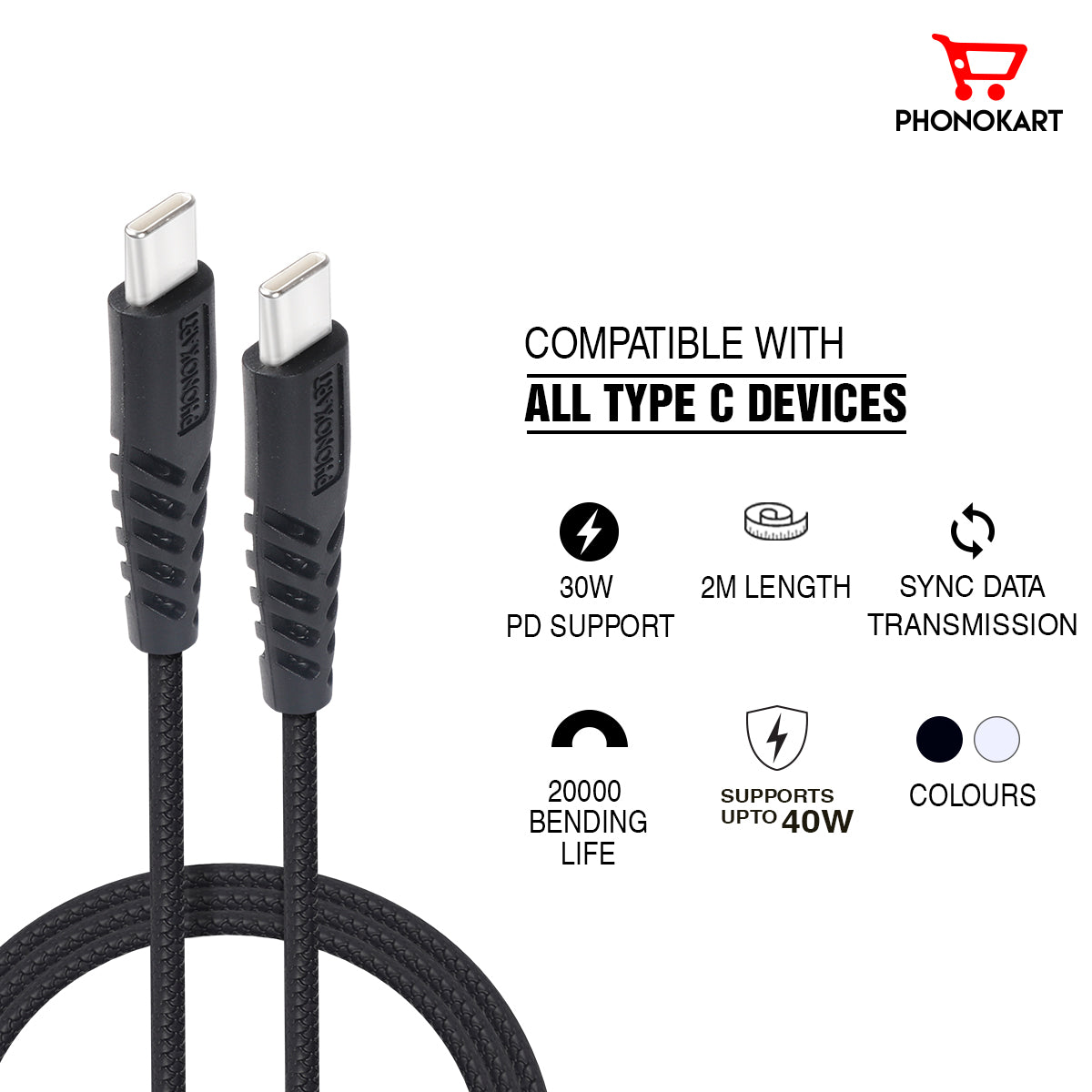 Type C Cable (2M) Fast Sync and Charging cable 45 Watts (Compatible with Mobile, Black, One Cable)(BLACK)