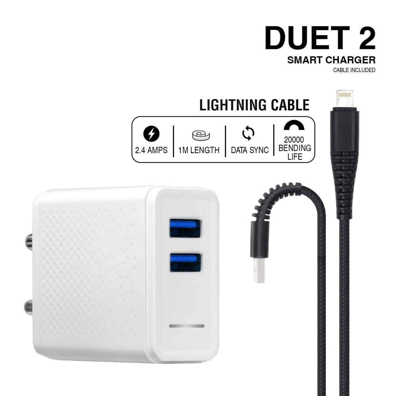 MOBILE CHARGER DUET 2 (2.4 AMP)WITH LIGHTNING CABLE ( LIGHTNING CABLE INCLUDED) (WHITE)