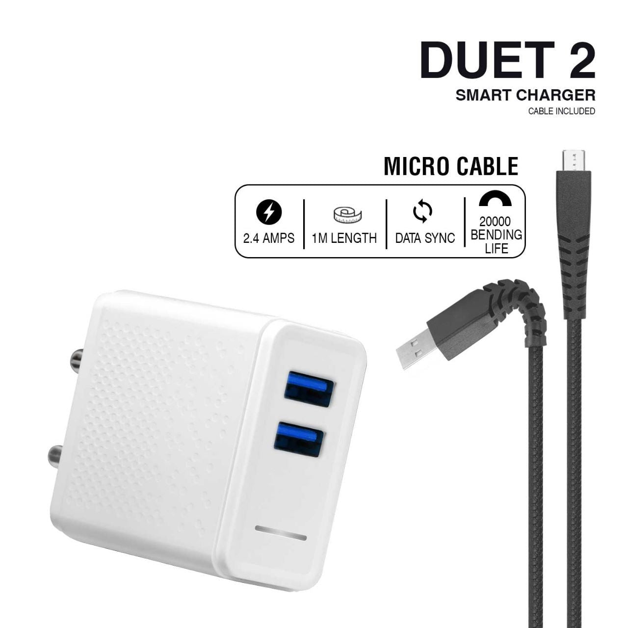 MOBILE CHARGER DUET 2 (2.4 AMP)WITH MICRO USB (MICRO USB CABLE INCLUDED) (WHITE)