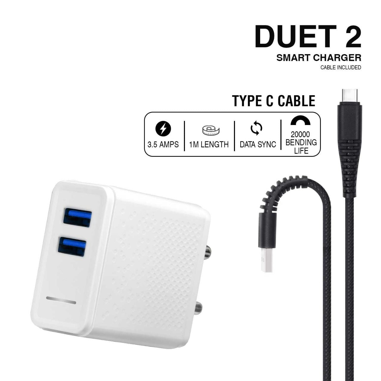 MOBILE CHARGER DUET 2 (2.4 AMP)WITH TYPE C (TYPE C CABLE INCLUDED) (WHITE)