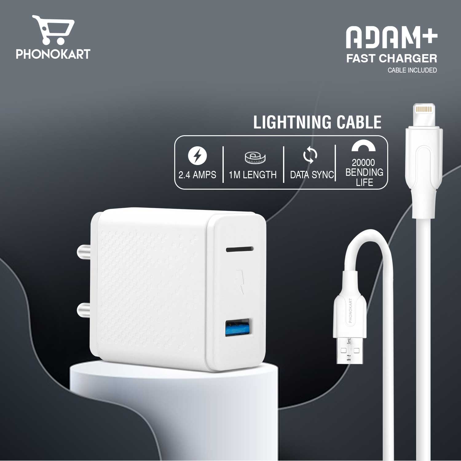 ADAM PLUS SMART POWER ADAPTOR WITH LIGHTNING CABLE (WHITE)