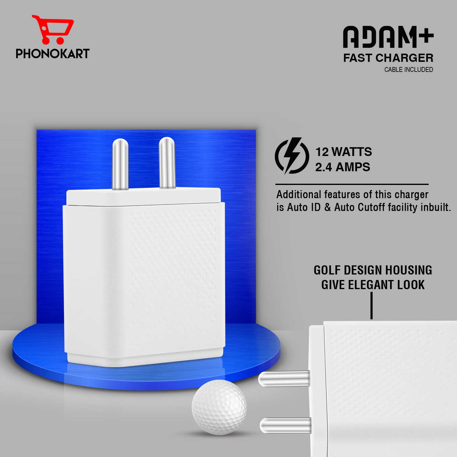 ADAM PLUS SMART POWER ADAPTOR WITH LIGHTNING CABLE (WHITE)