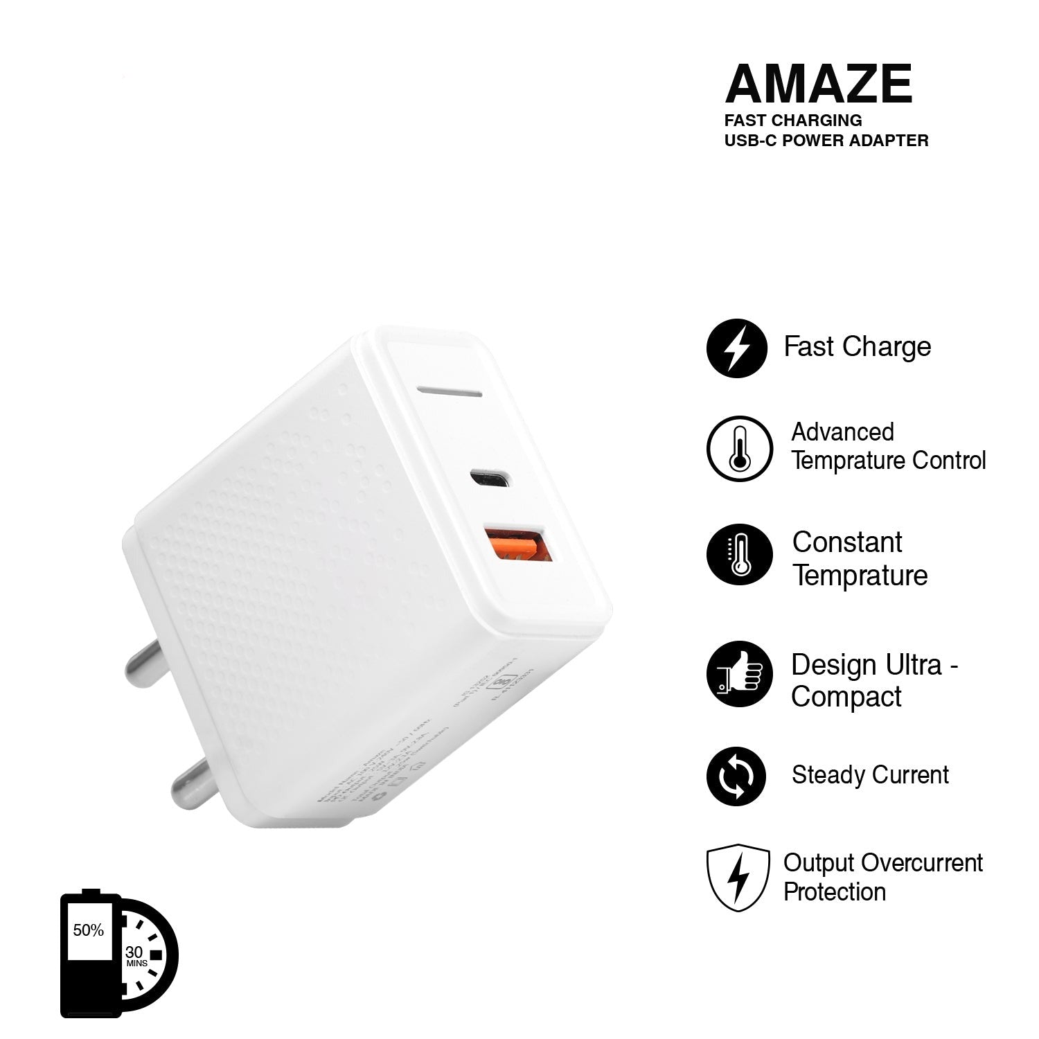 AMAZE  PD MOBILE CHARGER (QC 3.0) (25W/5AMPS) POWER ADAPTER (WHITE)