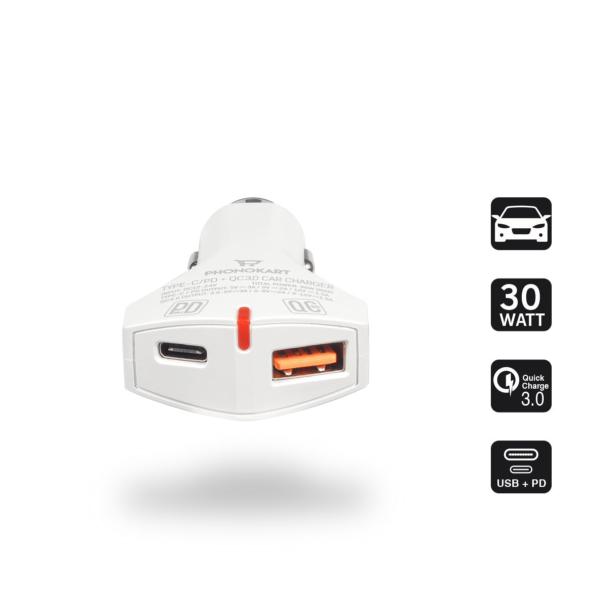 BOLD CAR CHARGER (PD/QC 3.0) WITH FREE LIGHTNING CABLE (WHITE)