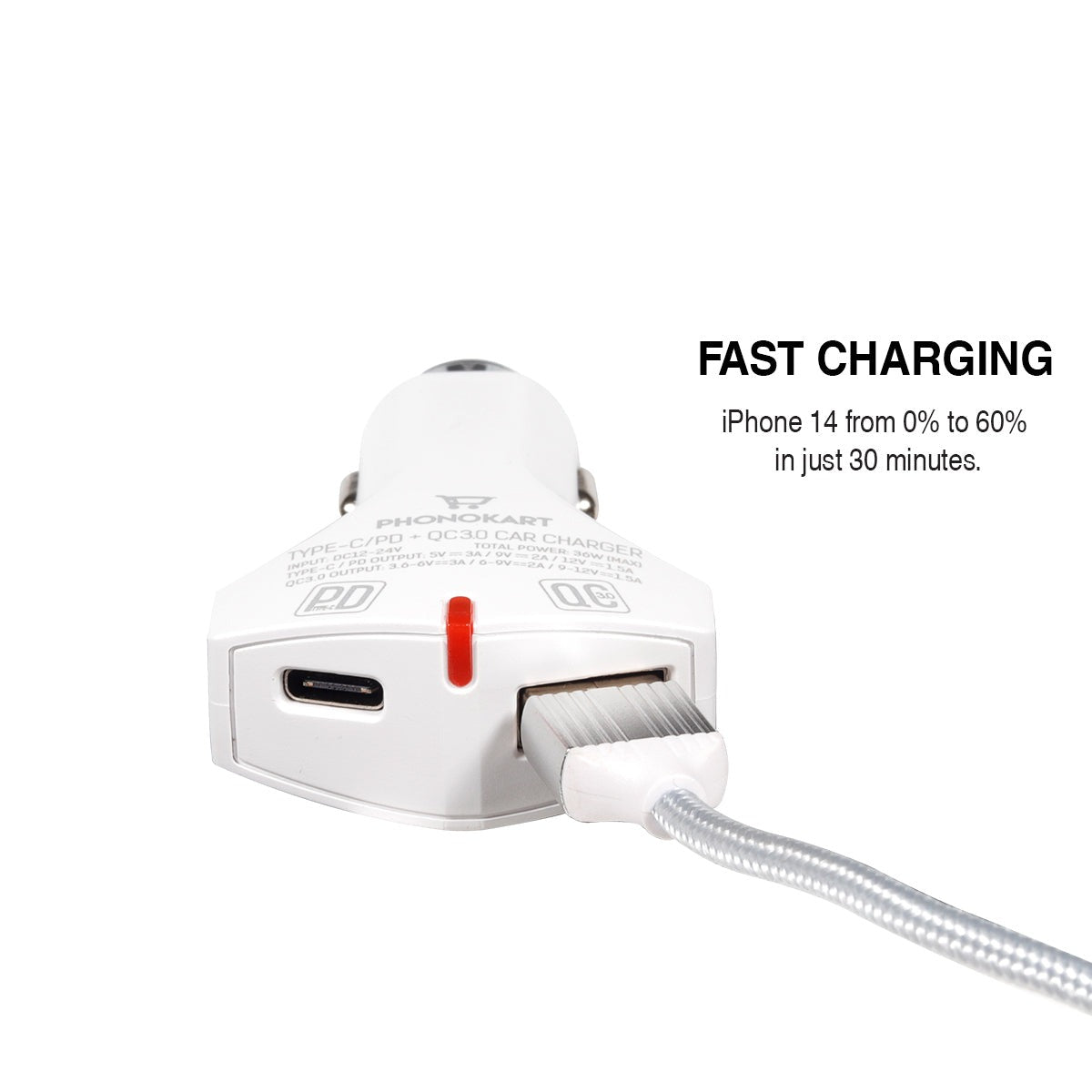 BOLD CAR CHARGER (PD/QC 3.0) WITH FREE LIGHTNING CABLE (WHITE)