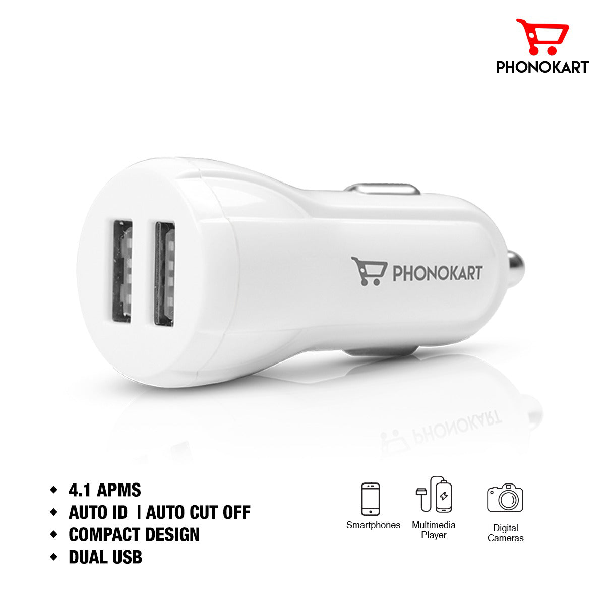 BRIC CAR CHARGER (4.1AMPS) WITH FREE LIGHTNING CABLE (WHITE)
