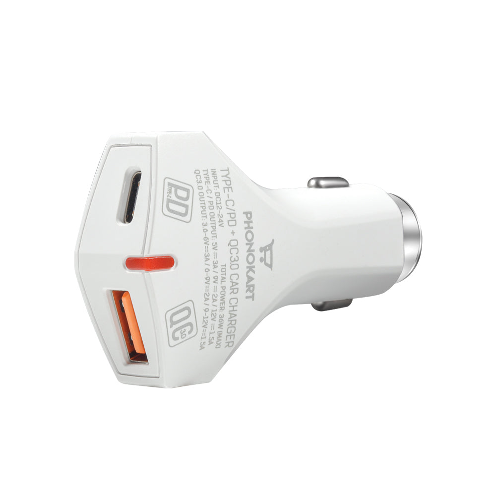 BOLD CAR CHARGER (PD/QC 3.0) WITH FREE TYPE C TO TYPE C (C2C) CABLE (WHITE)