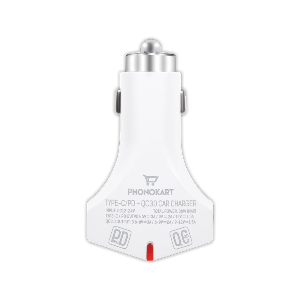 BOLD CAR CHARGER (PD/QC 3.0) WITH FREE TYPE C TO TYPE C (C2C) CABLE (WHITE)