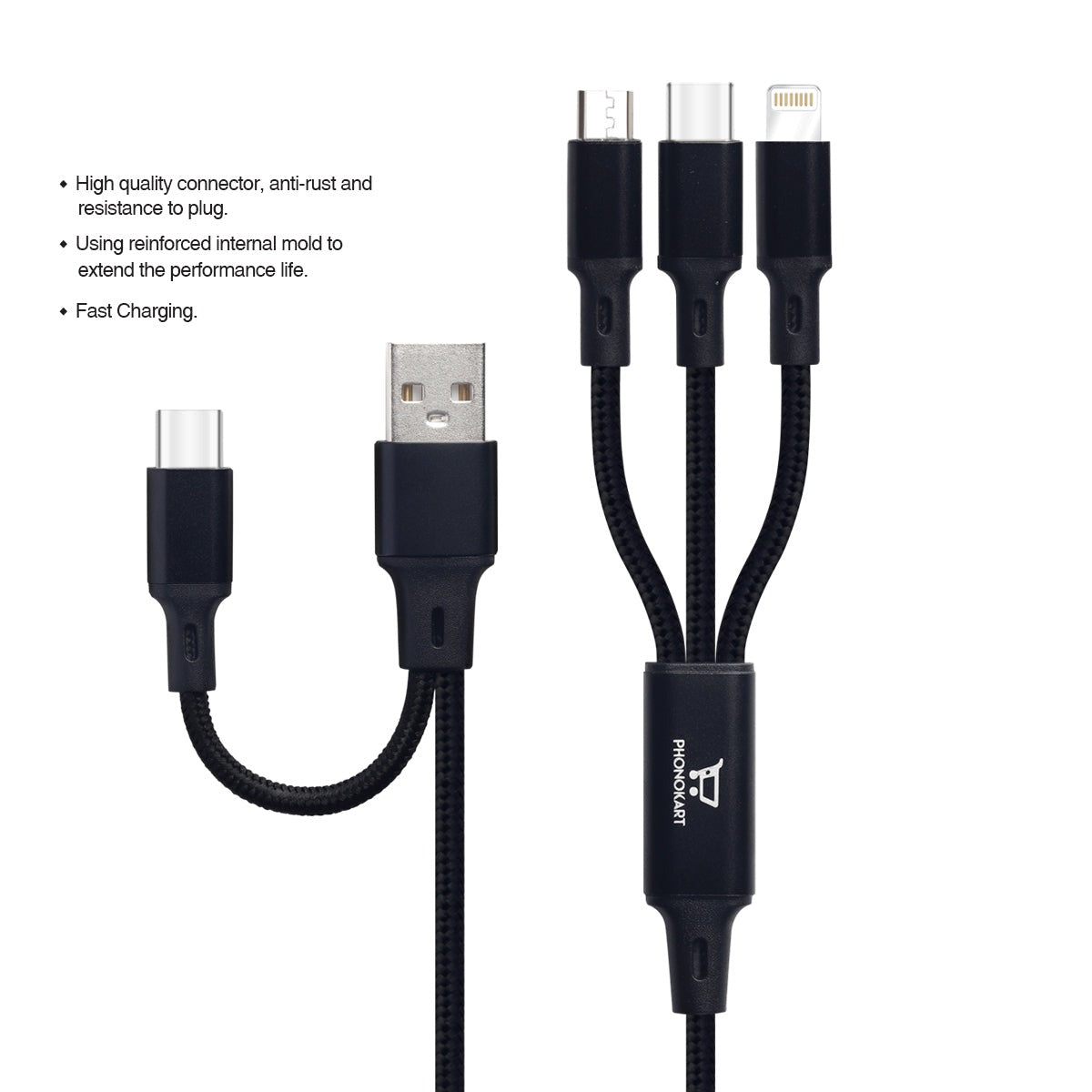 Type C Cable 1.2 M PKC6IN1-BLK (Compatible with Iphone series Type C, Micro USB in One Cable)(Black)