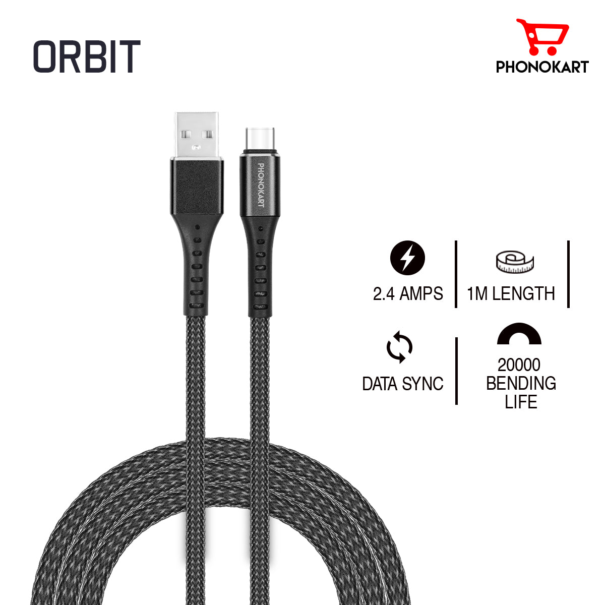 Type C Cable PKORBITC-BLK 1M Fishnet Braided USB Type C Cable  (Compatible with mobile, Black, One Cable)(BLACK)