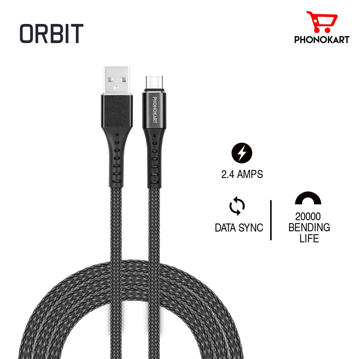 Type C Cable PKOR6ATC-BLK 1.5 m USB Type C Cable  (Compatible with Mobile, Black, One Cable)(BLACK)