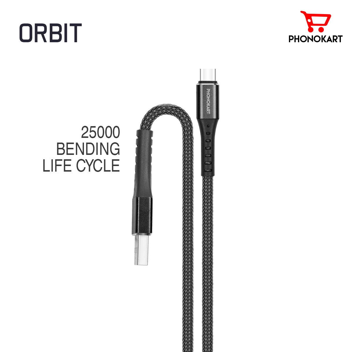 Type C Cable PKORBITC-BLK 1M Fishnet Braided USB Type C Cable  (Compatible with mobile, Black, One Cable)(BLACK)