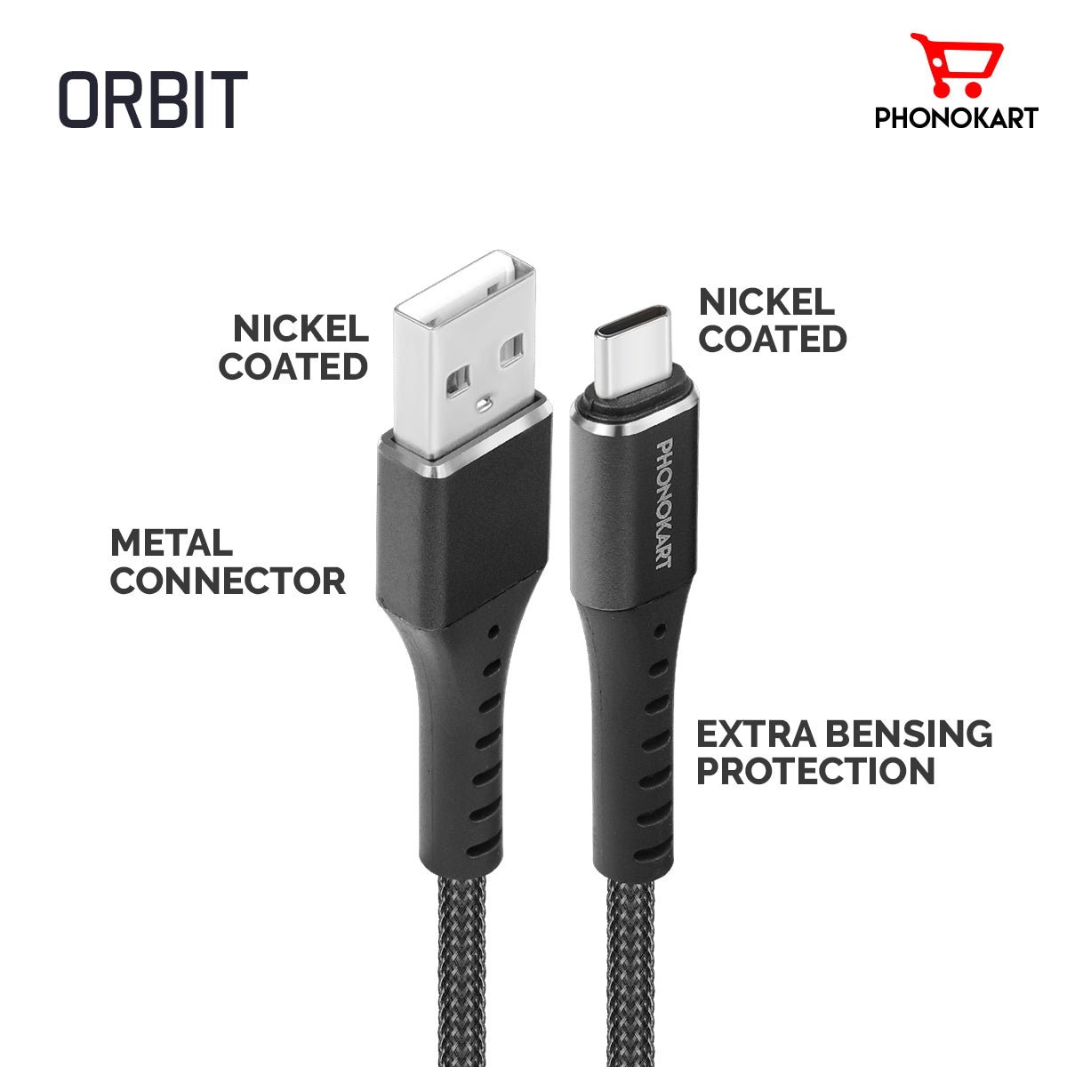 Type C Cable PKORBITC-BLK 1M Fishnet Braided USB Type C Cable  (Compatible with mobile, Black, One Cable)(BLACK)