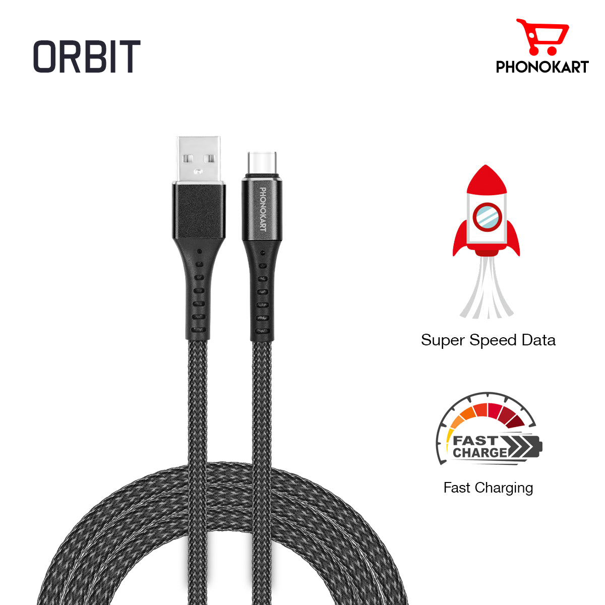 Type C Cable PKORBITC-BLK 1M Fishnet Braided USB Type C Cable  (Compatible with mobile, Black, One Cable)(BLACK)