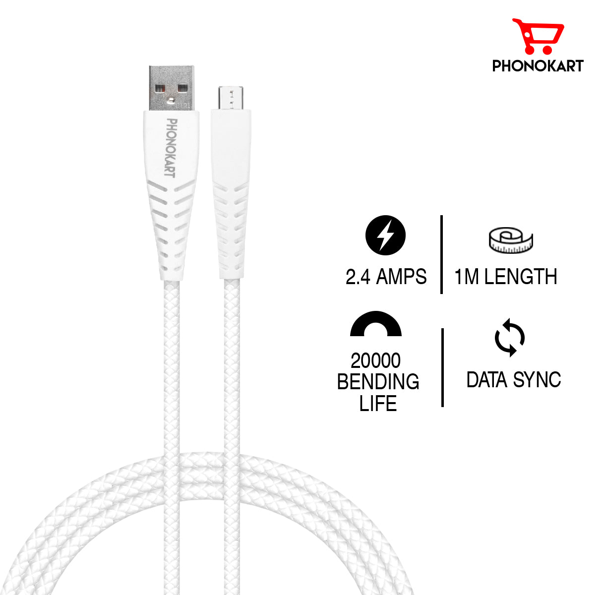 Micro USB Cable  (1M) TPE   (Compatible with all mobiles, One Cable)(White)