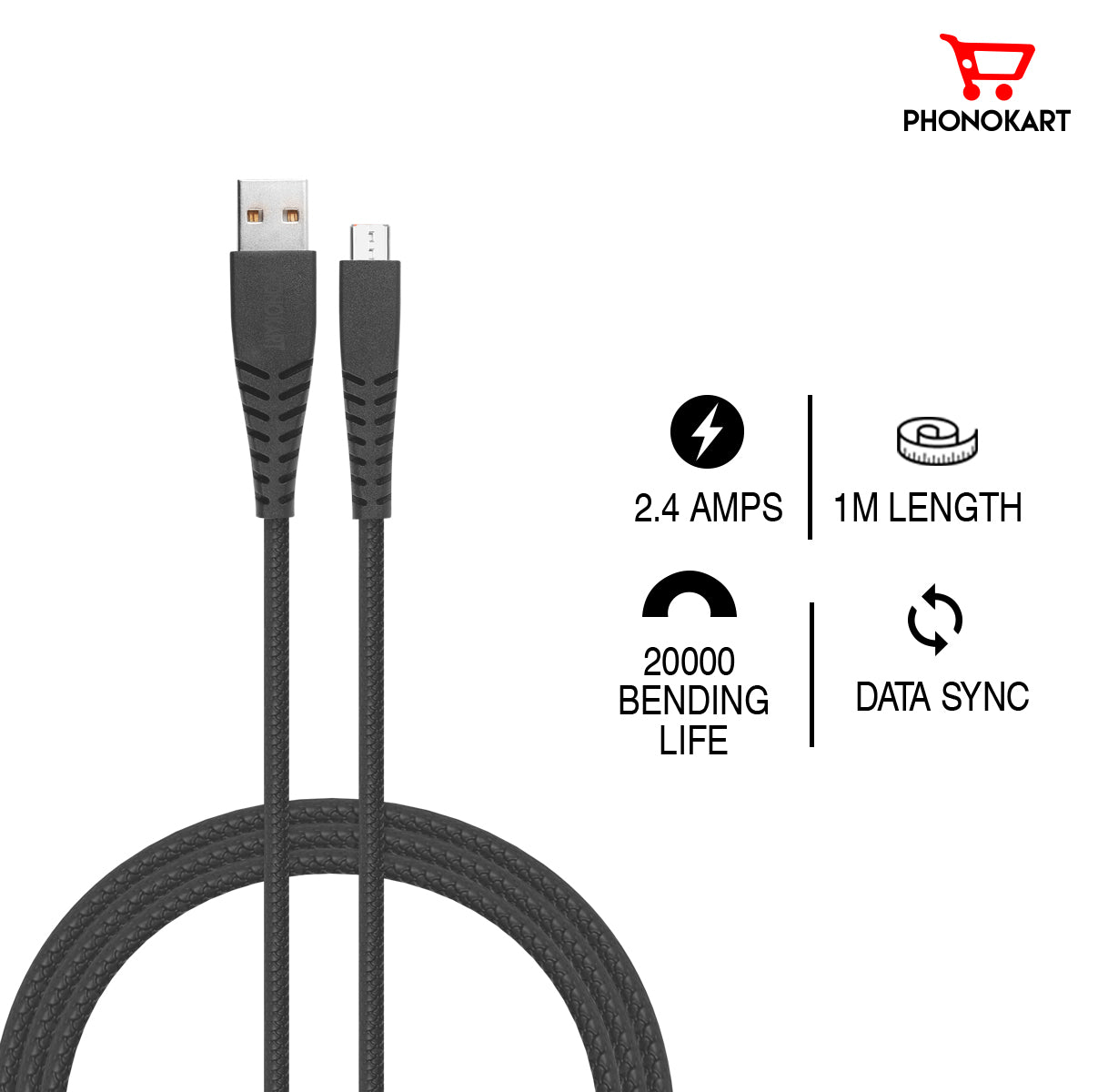 Micro USB Cable 2.4 A (1M) TPE Braided RAPID MICRO CABLE  (Compatible with all mobiles)(black)