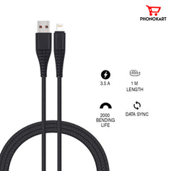 Lightning Cable  PKRPDAC-BLK 1M Lightning Cable  (Compatible with Iphones) (Black)