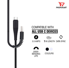 Type C Cable PKRPDTC-BLK 1 M USB Type C Cable  (Compatible with Smartphone) (Black)