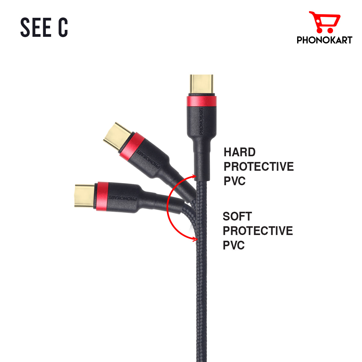 Super STURDY SEE  Type C to Type C Cable   Gold Connector (BLACK/RED)