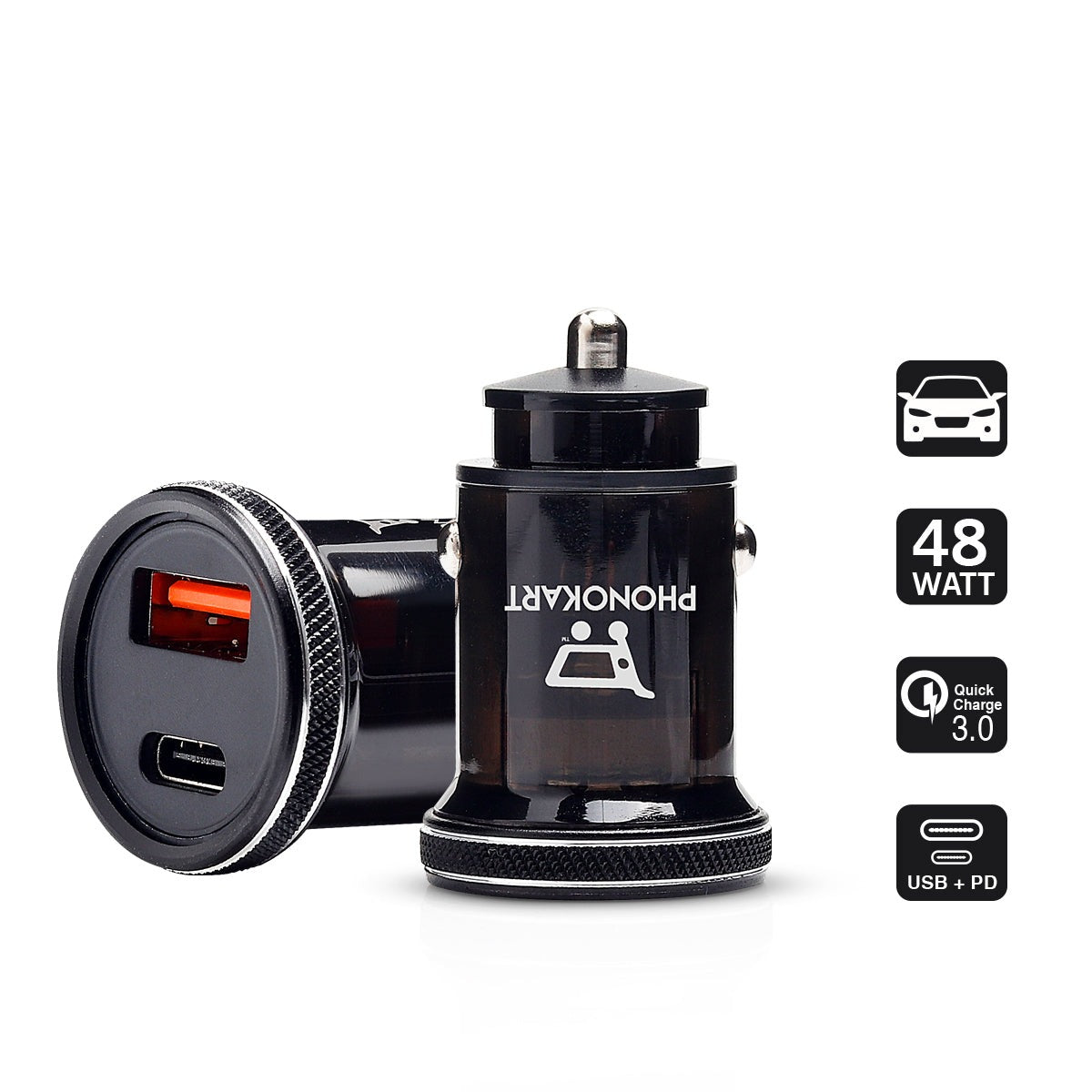 CAR CHARGER SELTOS (48W) WITH FREE TYPE C TO TYPE C (C2C)  CABLE (BLACK)