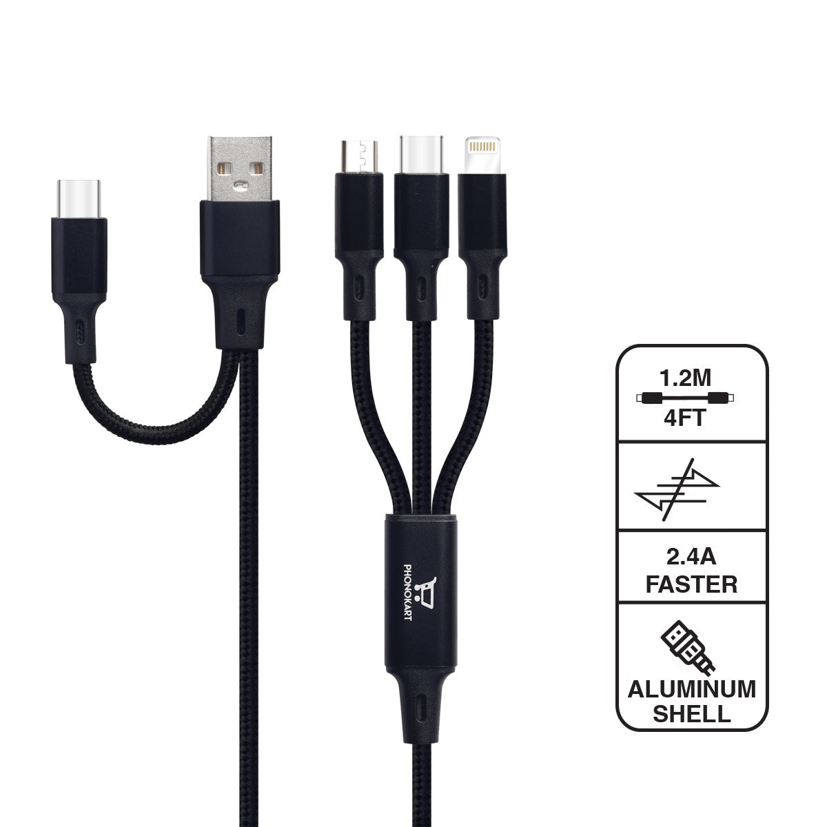 Type C Cable 1.2 M PKC6IN1-BLK (Compatible with Iphone series Type C, Micro USB in One Cable)(Black)