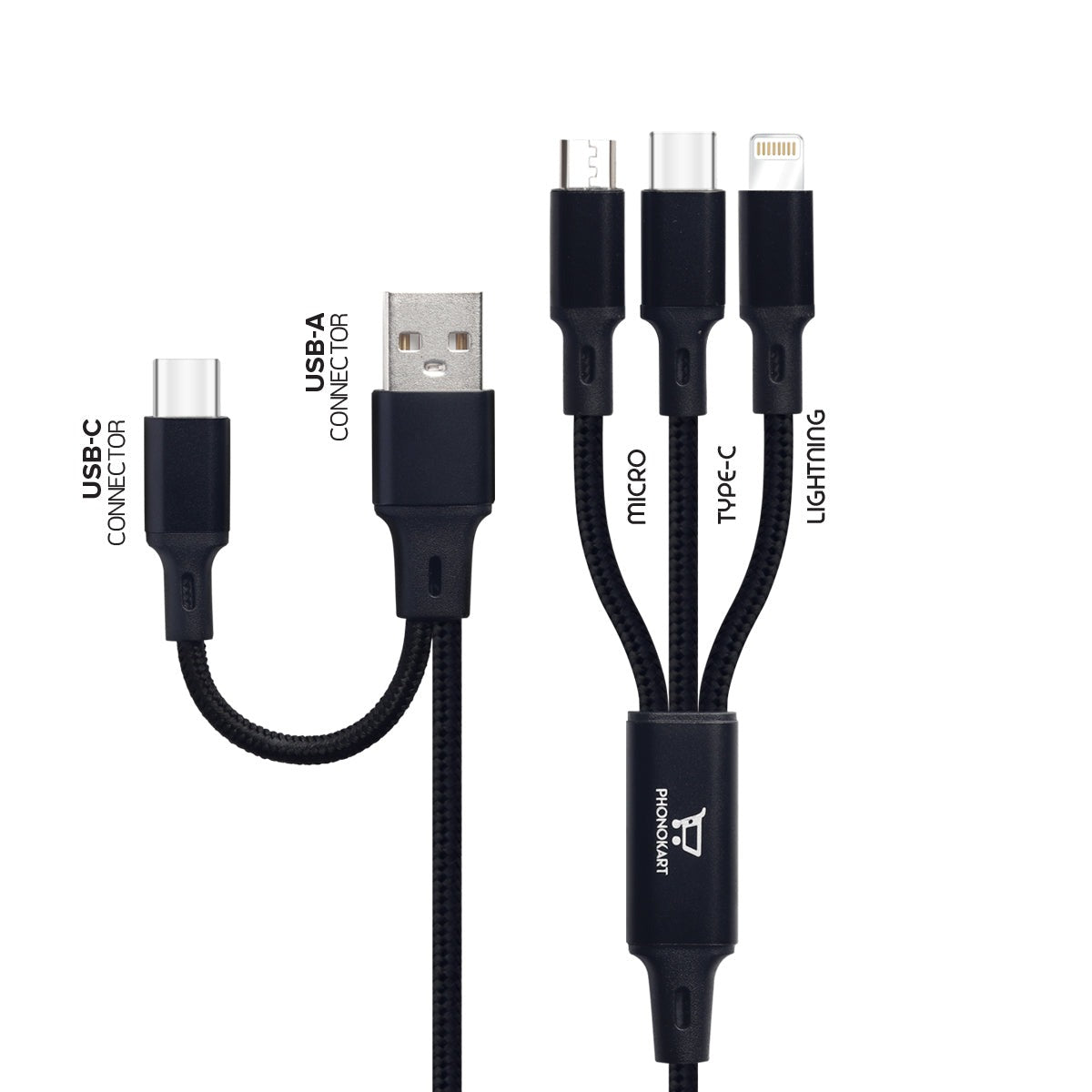 Type C Cable 1.2 M PKC6IN1-BLK (Compatible with Iphone series Type C, Micro USB in One Cable)(Black)